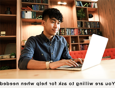 Student waving to classmates on a laptop. The caption reads "You are willing to ask for help when needed."